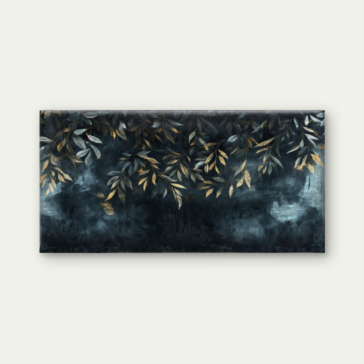 Modern Moody Teal Gold Leaf Foliage Wall Art Canvas Office Home Framed 120x60cm