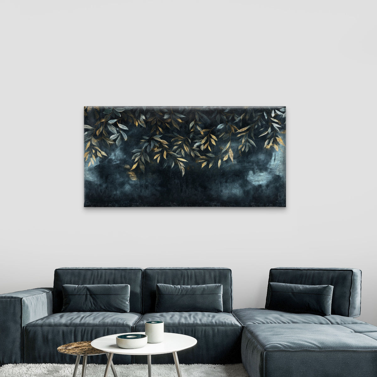 Modern Moody Teal Gold Leaf Foliage Wall Art Canvas Office Home Framed 120x60cm