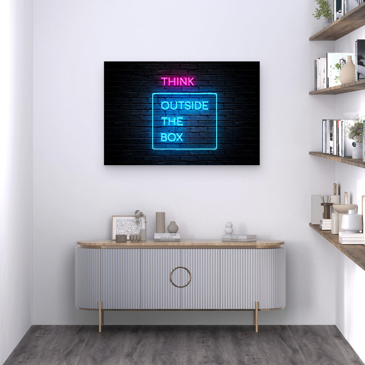 Think Outside The Box Neon Sign 5mm thick Plastic Poster Ready to Hang 90x60cm