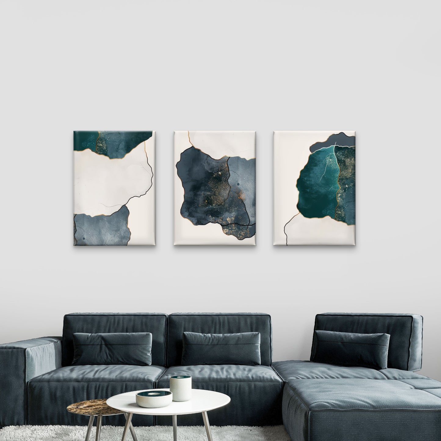 3pcs Teal Emerald Blue Abstract Agate   Wall Art Set Canvas Framed 40x60cm - High Quality Print 100% Australian Made Wall Canvas Ready to Hang