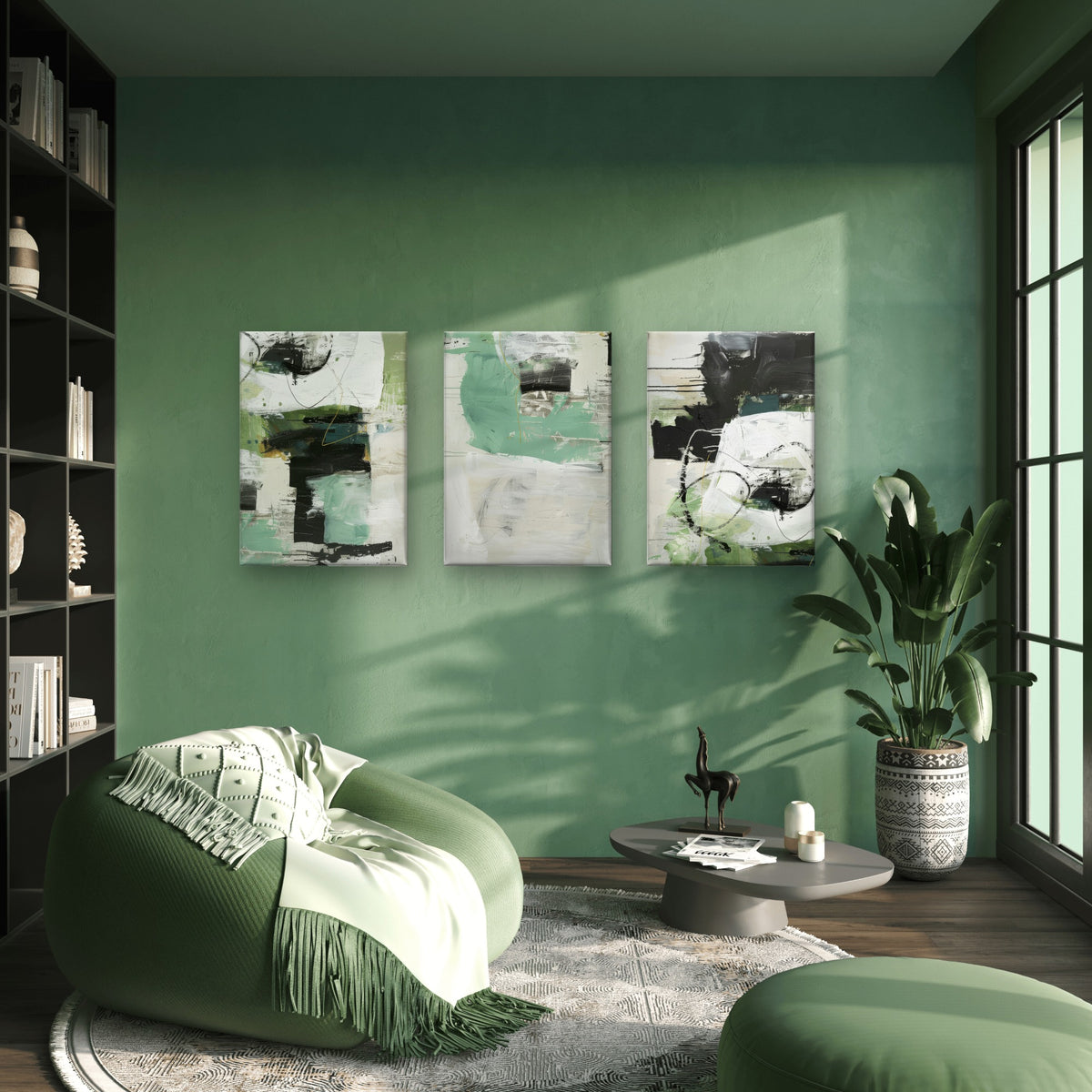 3pcs Rustic Sage Green Emerald Abstract Paint Wall Art Set Canvas Framed 50x70cm - High Quality Print 100% Australian Made Wall Canvas Ready to Hang