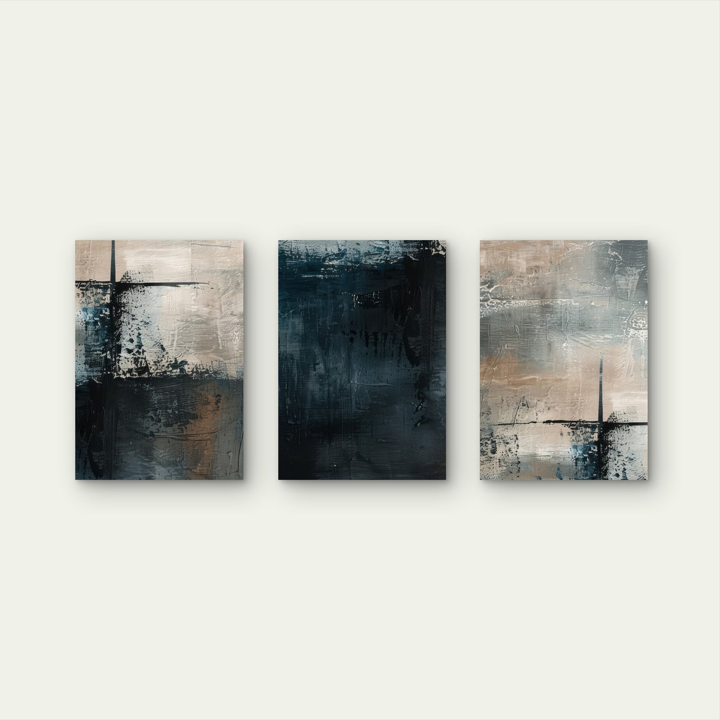 3pcs Abstract Dark Navy Blue Brown Grunge Art  Wall Art Set Canvas Framed 40x60cm - High Quality Print 100% Australian Made Wall Canvas Ready to Hang