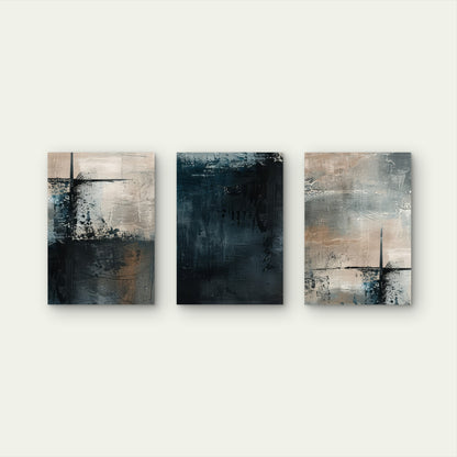 3pcs Abstract Dark Navy Blue Brown Grunge Art  Wall Art Set Canvas Framed 40x60cm - High Quality Print 100% Australian Made Wall Canvas Ready to Hang