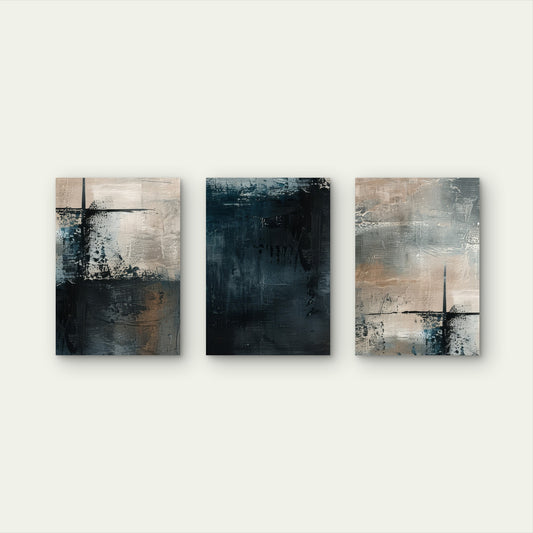 3pcs Abstract Dark Navy Blue Brown Grunge Art  Wall Art Set Canvas Framed 40x60cm - High Quality Print 100% Australian Made Wall Canvas Ready to Hang