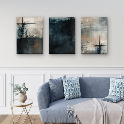 3pcs Abstract Dark Navy Blue Brown Grunge Art  Wall Art Set Canvas Framed 40x60cm - High Quality Print 100% Australian Made Wall Canvas Ready to Hang
