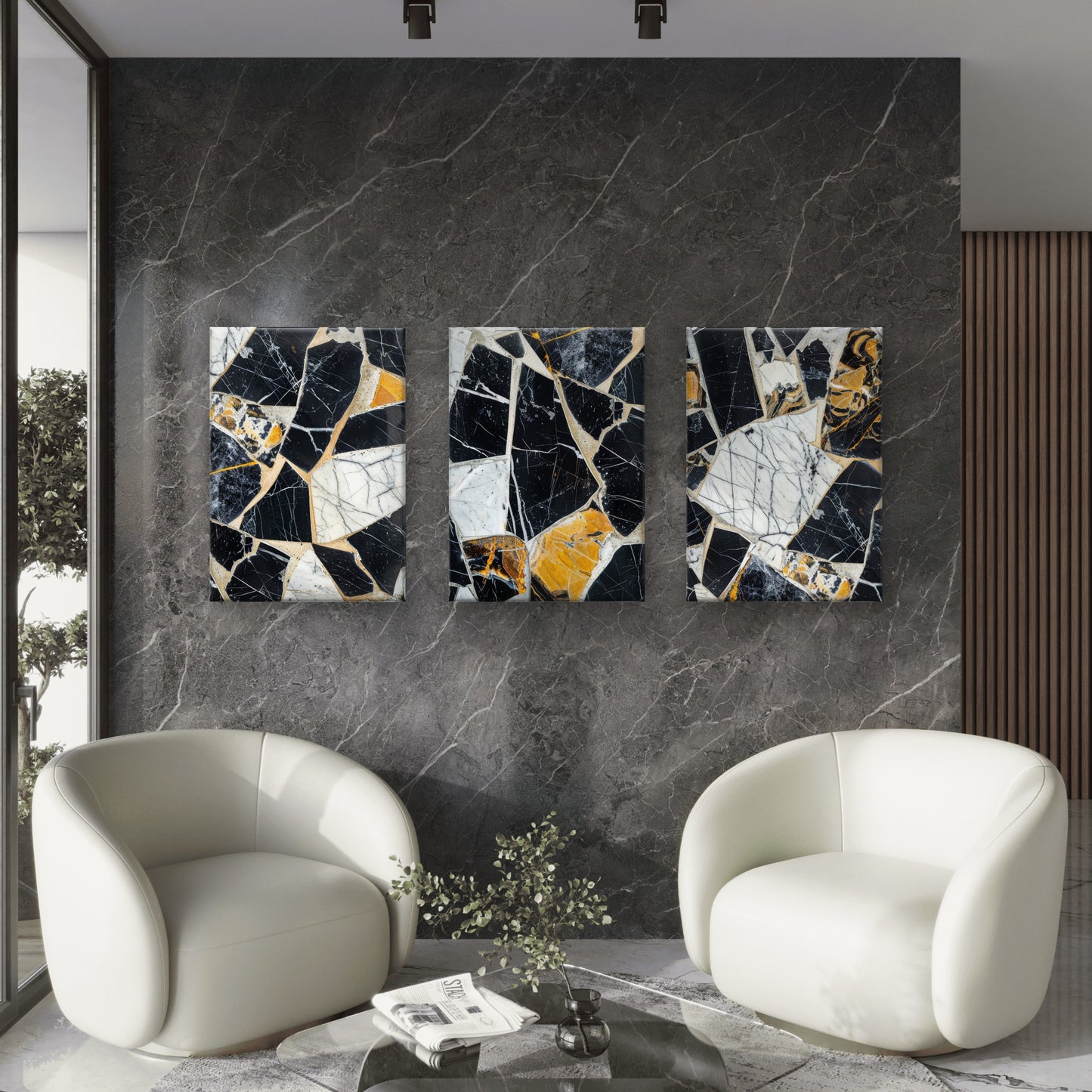 3pcs Abstract Black White Yellow Marble Stone  Wall Art Set Canvas Framed 40x60cm - High Quality Print 100% Australian Made Wall Canvas Ready to Hang