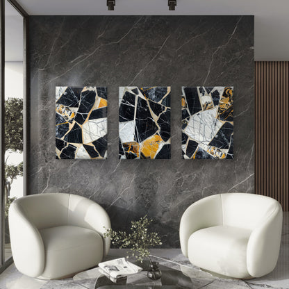 3pcs Abstract Black White Yellow Marble Stone  Wall Art Set Canvas Framed 40x60cm - High Quality Print 100% Australian Made Wall Canvas Ready to Hang