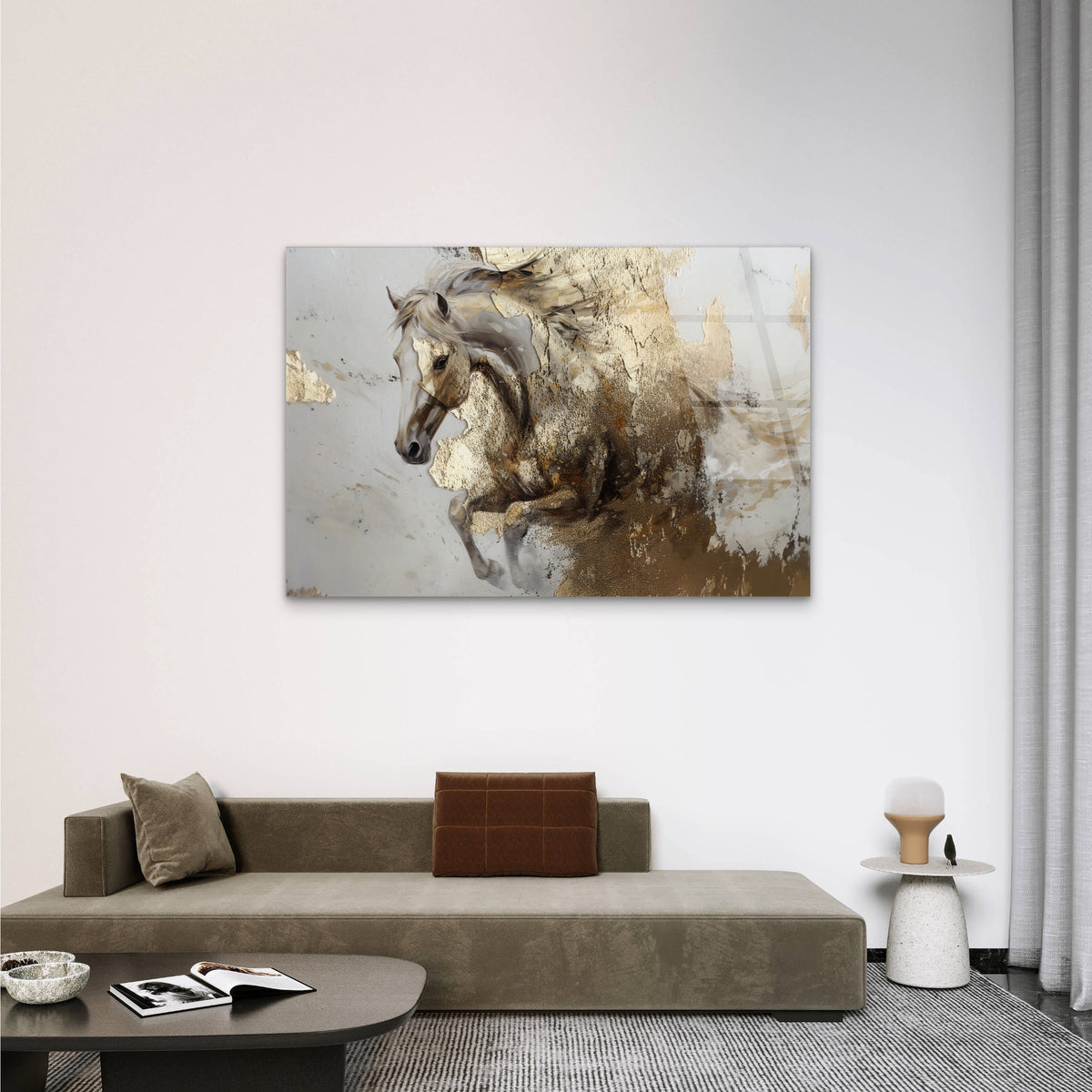 Abstract Running Horse Gold Foil Elements Acrylic Glass Printing Wall Art Australian Made Quality