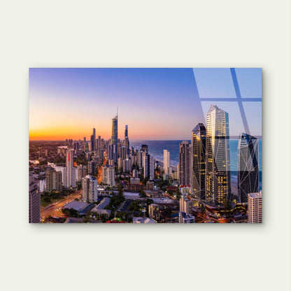 Scenic Queensland Coastal City Dusk Horizon Acrylic Glass Printing Wall Art Australian Made Quality