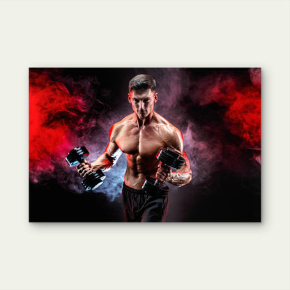 Muscular Man Red Smoke Bicep Curl 5mm thick Plastic Poster Ready to Hang 90x60cm
