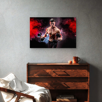 Muscular Man Red Smoke Bicep Curl 5mm thick Plastic Poster Ready to Hang 90x60cm