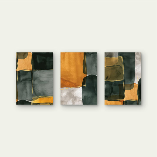3pcs Mustard Yellow Dark Green Gold Abstract Wall Art Set Canvas Framed 60x90cm - High Quality Print 100% Australian Made Wall Canvas Ready to Hang