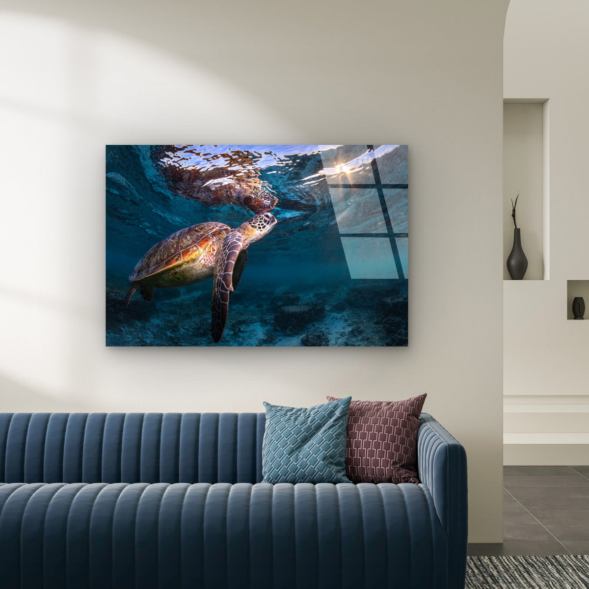 Realistic Swimming Sea Turtle Reef Sun Acrylic Glass Printing Wall Art Australian Made Quality