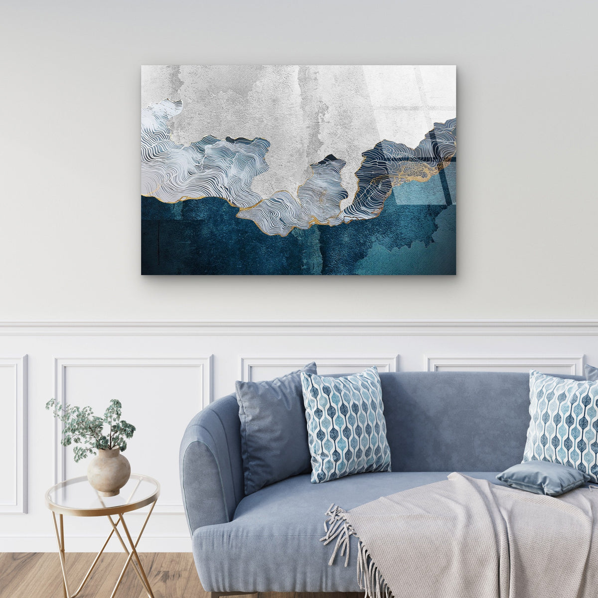 Teal Navy Gold Foil Abstract Agate Glass Printing Wall Art Australian Made Quality