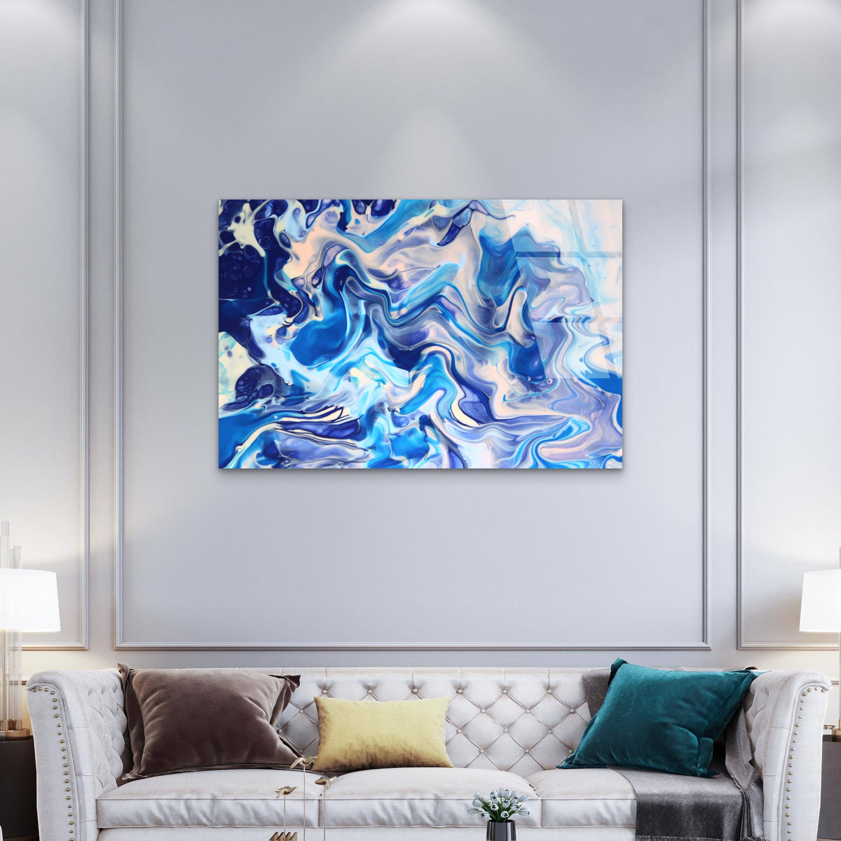 Liquid Blue Swirl Marble Agate Texture Glass Printing Wall Art Australian Made Quality