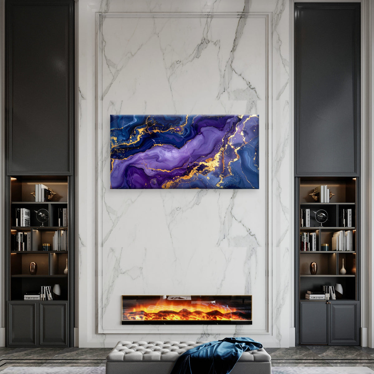 Purple Blue Alcohol Ink Gold Foil Wall Art Canvas Office Home Framed 120x60cm