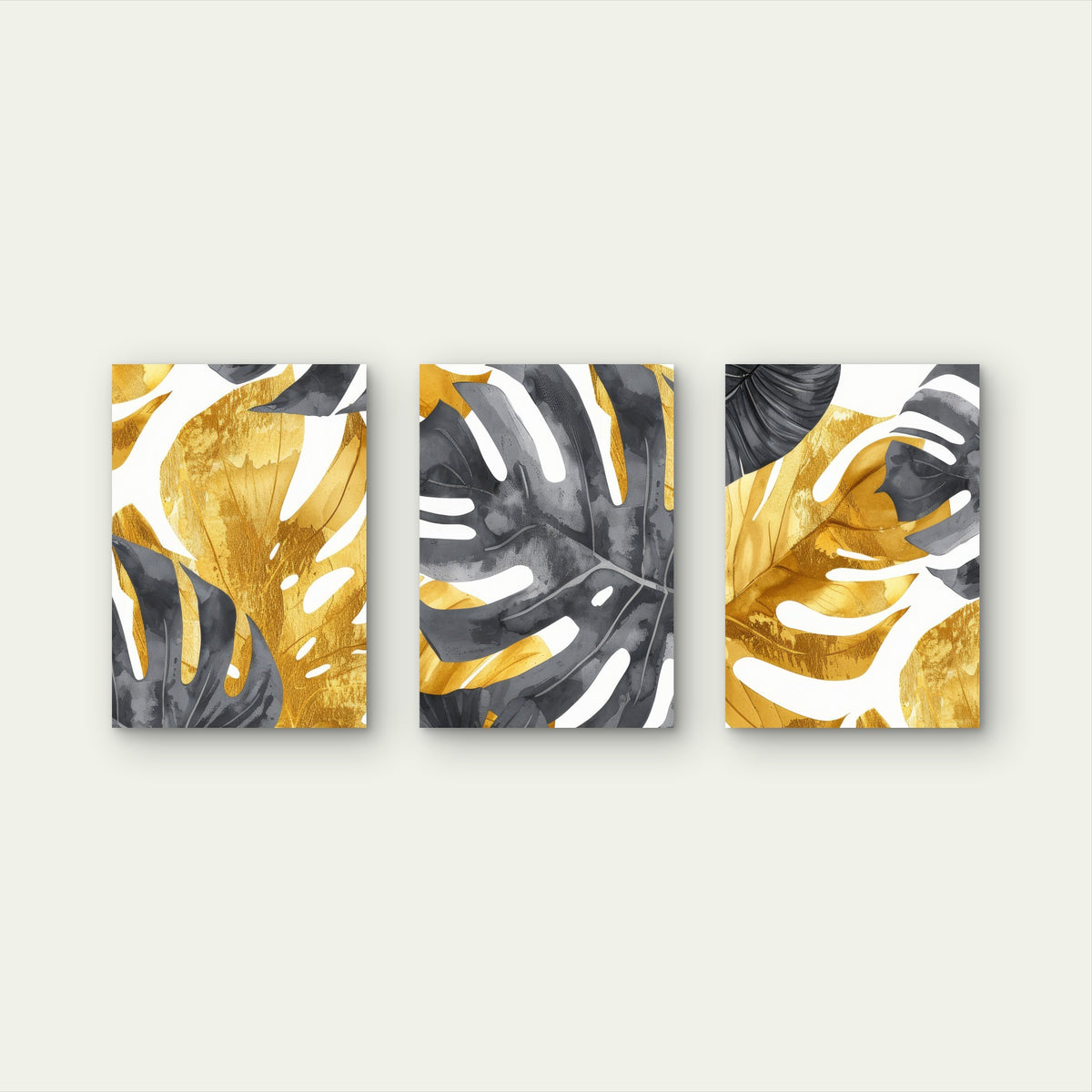 3pcs Monstera Palm Leaf Gold Grey Watercolor Metal Print Ready to Hang Art