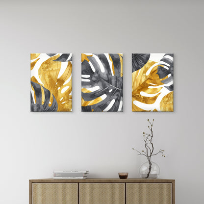3pcs Monstera Palm Leaf Gold Grey Watercolor Wall Art Set Canvas Framed 50x70cm - High Quality Print 100% Australian Made Wall Canvas Ready to Hang
