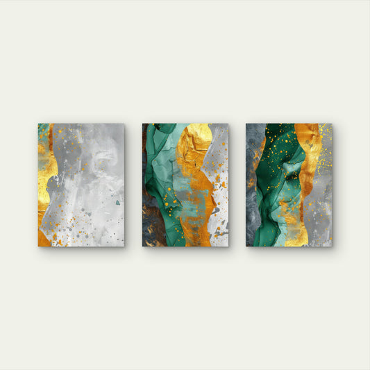 3pcs Emerald Green Grey Gold Alcohol Ink Wall Art Set Canvas Framed 40x60cm - High Quality Print 100% Australian Made Wall Canvas Ready to Hang