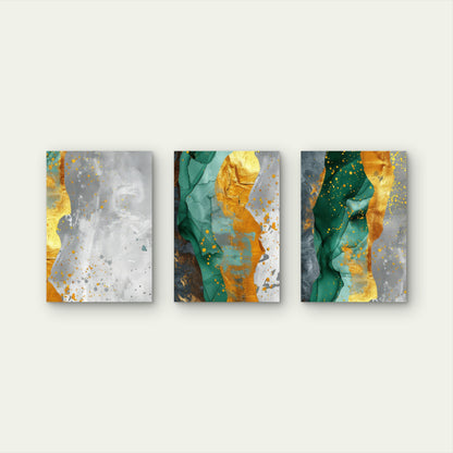 3pcs Emerald Green Grey Gold Alcohol Ink Wall Art Set Canvas Framed 50x70cm - High Quality Print 100% Australian Made Wall Canvas Ready to Hang