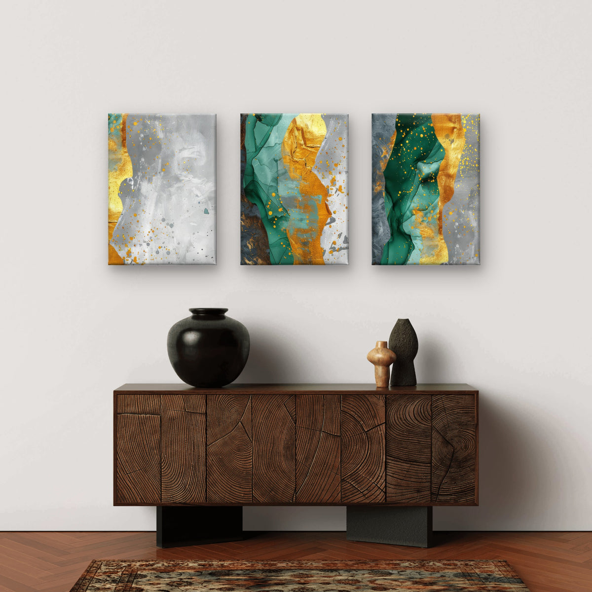 3pcs Emerald Green Grey Gold Alcohol Ink Metal Print Ready to Hang Art