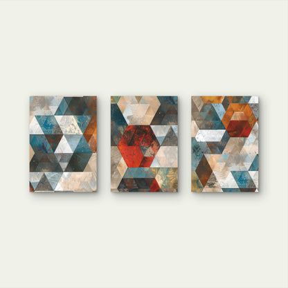 3pcs Geometric Triangle Cube Mosaic Teal Wall Art Set Canvas Framed 50x70cm - High Quality Print 100% Australian Made Wall Canvas Ready to Hang