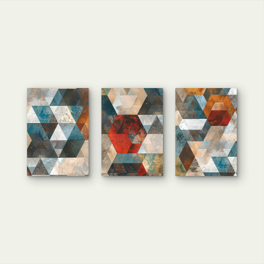 3pcs Geometric Triangle Cube Mosaic Teal Wall Art Set Canvas Framed 60x90cm - High Quality Print 100% Australian Made Wall Canvas Ready to Hang