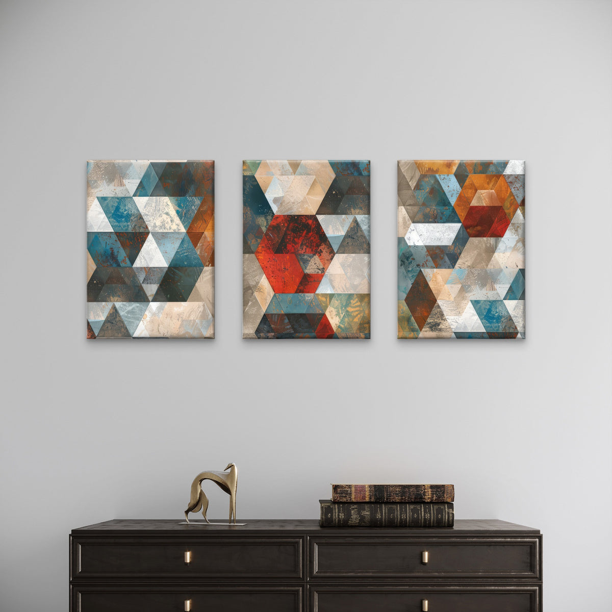 3pcs Geometric Triangle Cube Mosaic Teal Metal Print Ready to Hang Art