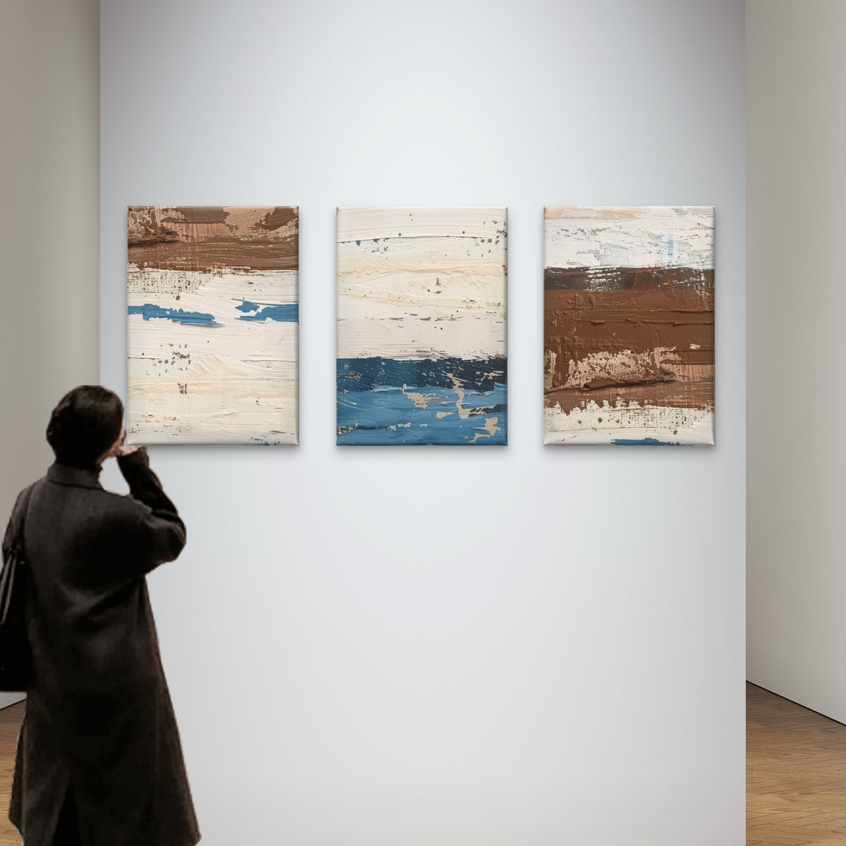3pcs Abstract Textured Oil Painting Brown Blue Metal Print Ready to Hang Art