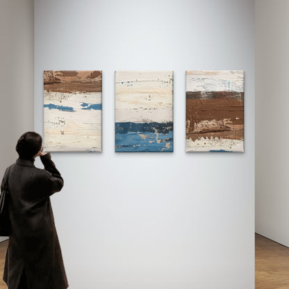 3pcs Abstract Textured Oil Painting Brown Blue Metal Print Ready to Hang Art