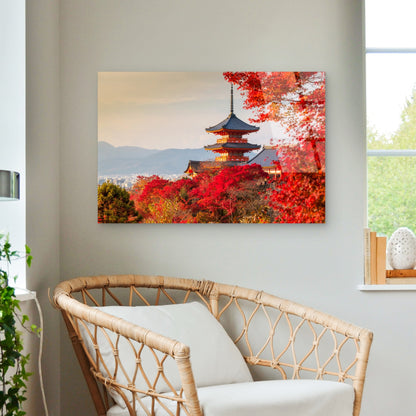 Kyoto Autumn Red Maple Leaf Pagoda View Acrylic Glass Printing Wall Art Australian Made Quality