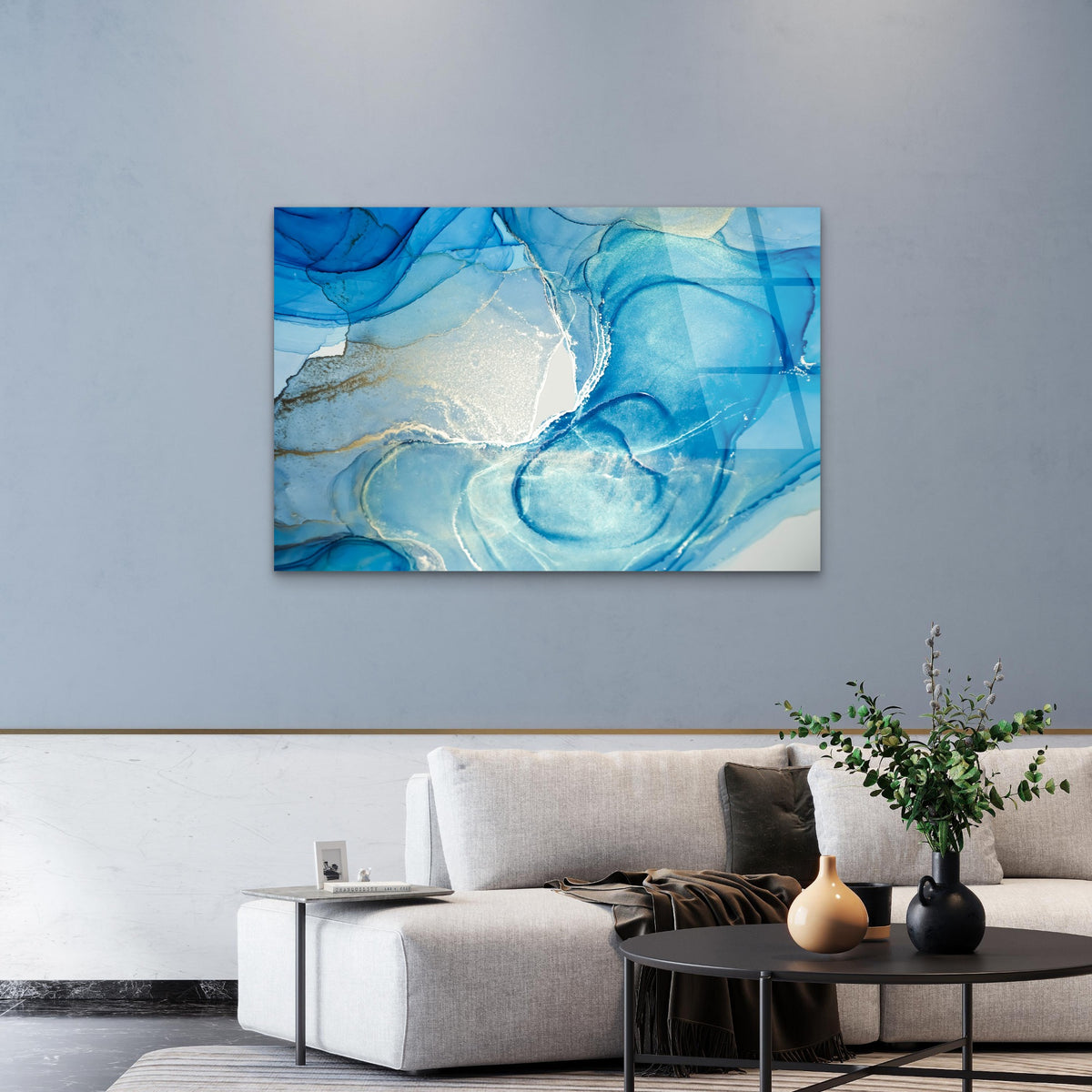 Abstract Blue Gold Alcohol Ink Painting Acrylic Glass Printing Wall Art Australian Made Quality
