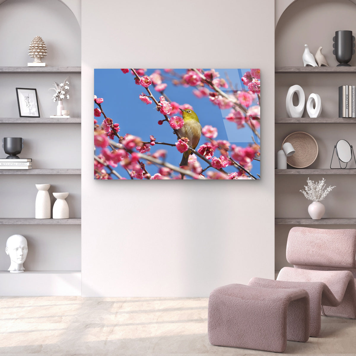 Spring Cherry Blossom Pink Flower Bird Acrylic Glass Printing Wall Art Australian Made Quality