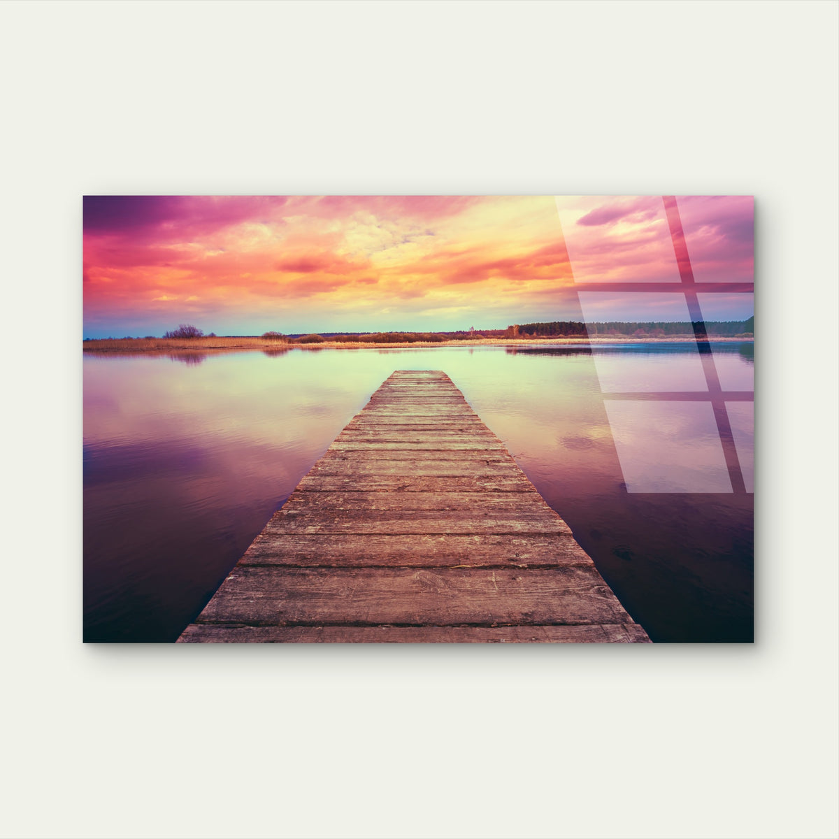 Wooden Jetty Lake Sunset Reflection Art Acrylic Glass Printing Wall Art Australian Made Quality
