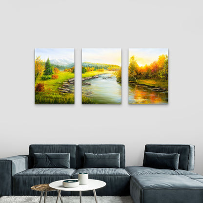 3pcs Autumn Mountain River Woods Home Artwork Metal Print Ready to Hang Art
