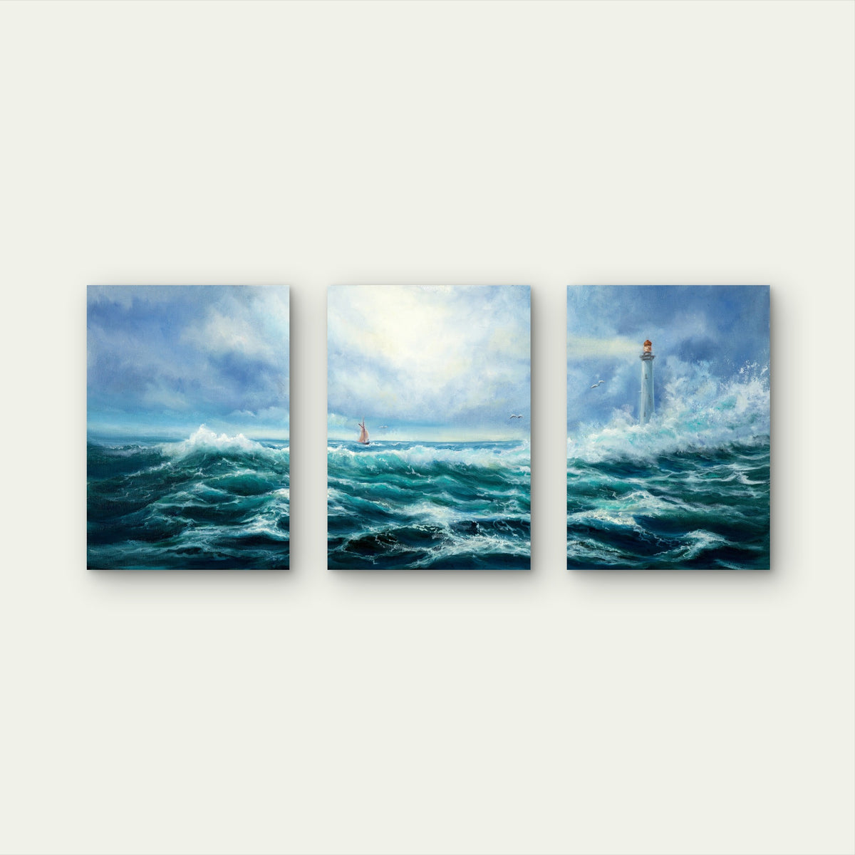 3pcs Stormy Sea Lighthouse Sailboat Ocean Metal Print Ready to Hang Art
