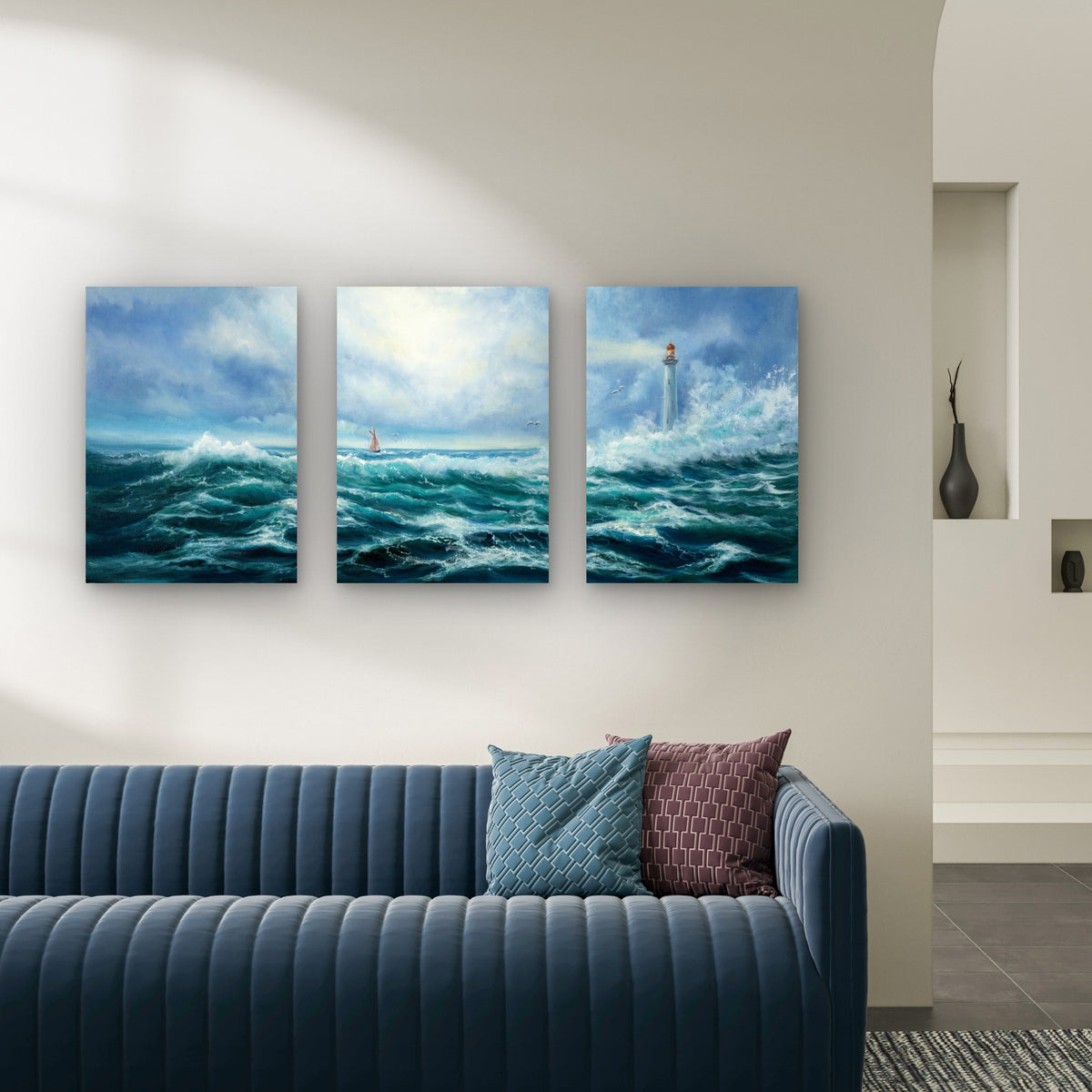 3pcs Stormy Sea Lighthouse Sailboat Ocean Metal Print Ready to Hang Art