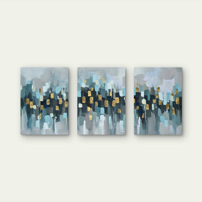 3pcs Teal Gold Gray Abstract Brush Stroke Wall Art Set Canvas Framed 50x70cm - High Quality Print 100% Australian Made Wall Canvas Ready to Hang