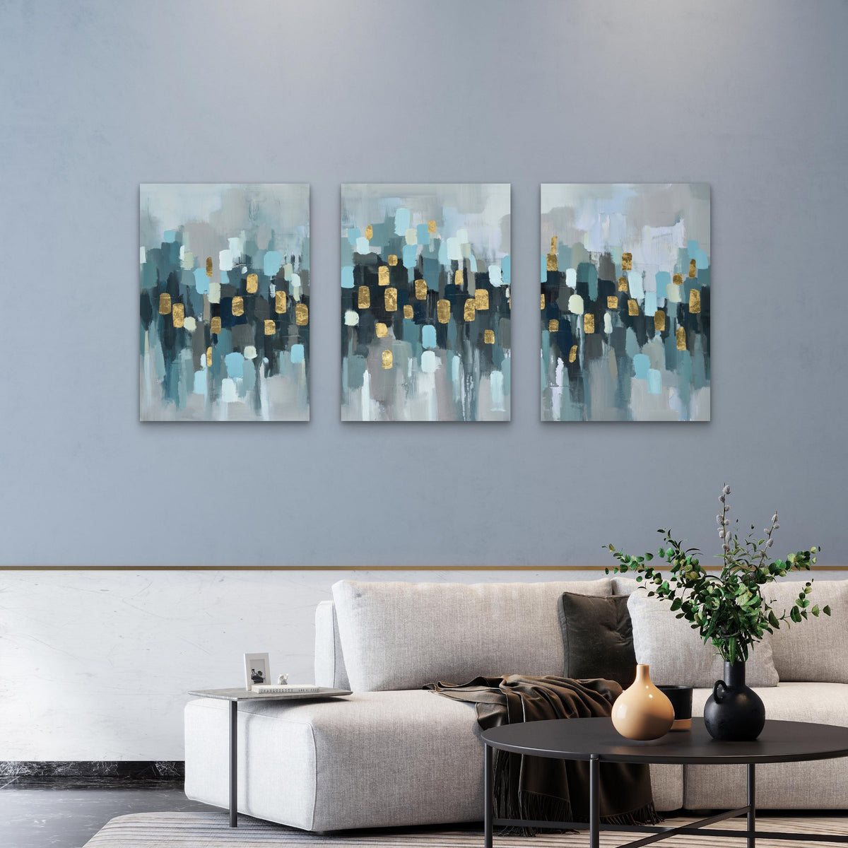 3pcs Teal Gold Gray Abstract Brush Stroke Metal Print Ready to Hang Art