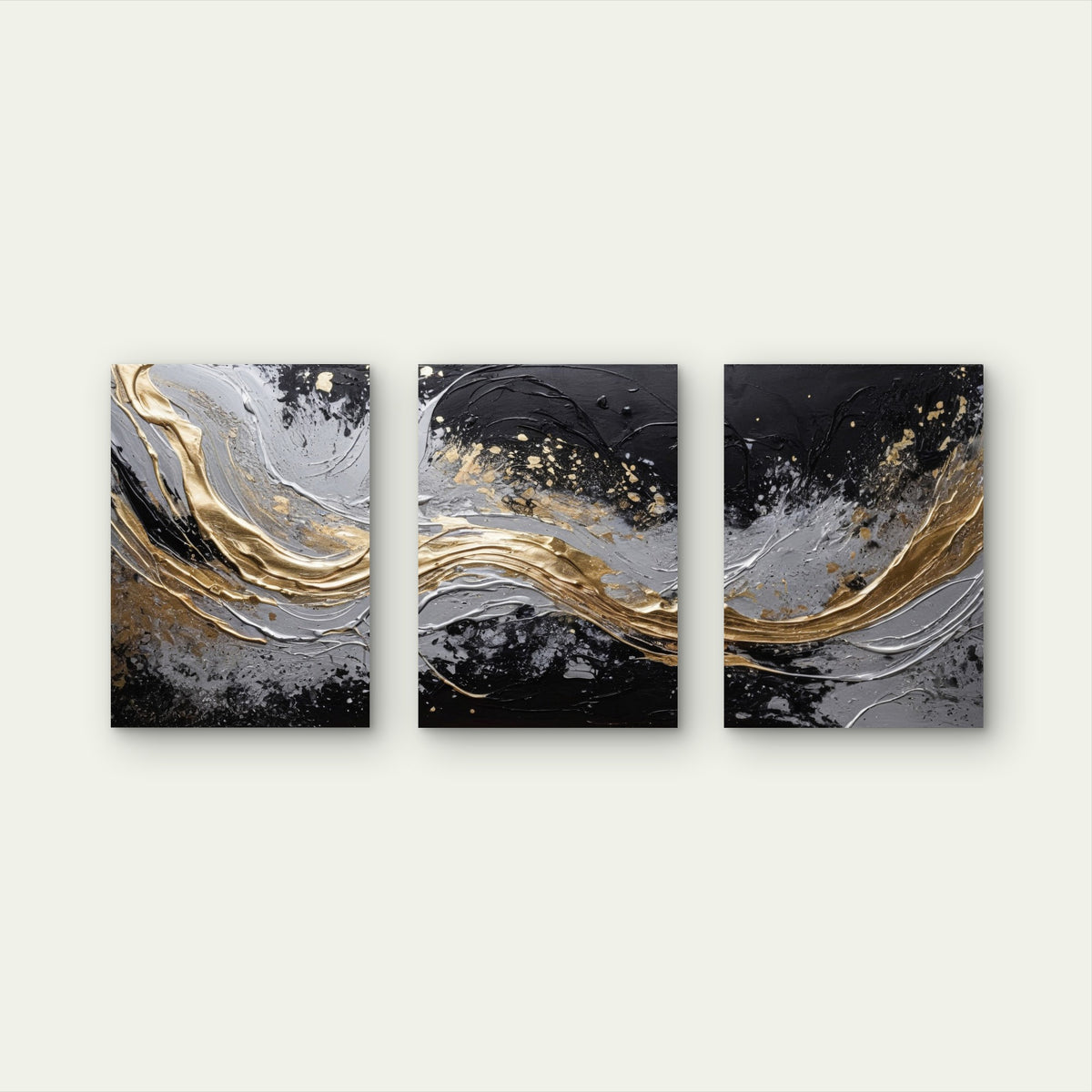 3pcs Abstract Black Gold Silver Painting Metal Print Ready to Hang Art