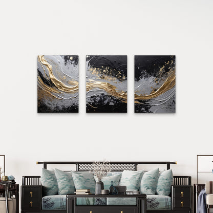 3pcs Abstract Black Gold Silver Painting Wall Art Set Canvas Framed 50x70cm - High Quality Print 100% Australian Made Wall Canvas Ready to Hang
