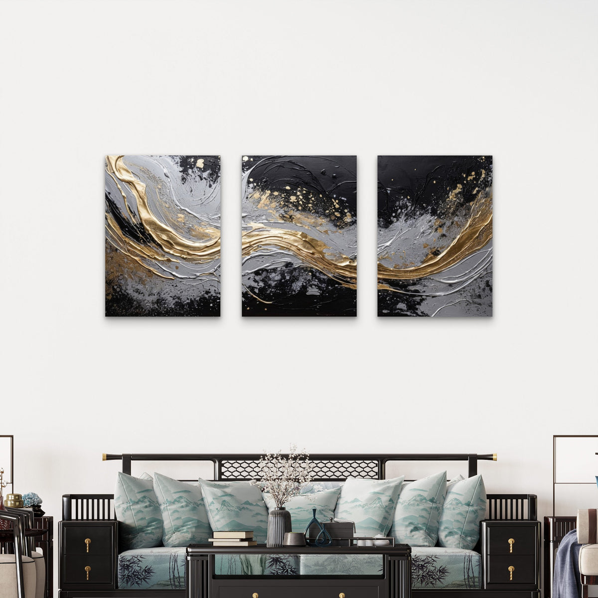 3pcs Abstract Black Gold Silver Painting Metal Print Ready to Hang Art