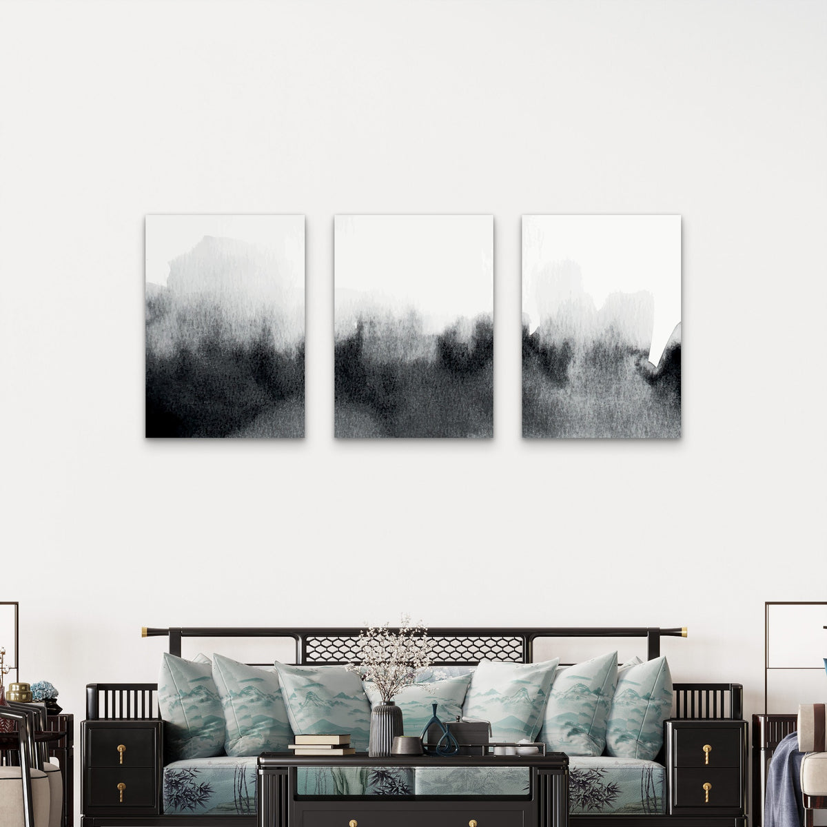 3pcs Abstract Black White Ink Wash painting Wall Art Set Canvas Framed 50x70cm - High Quality Print 100% Australian Made Wall Canvas Ready to Hang