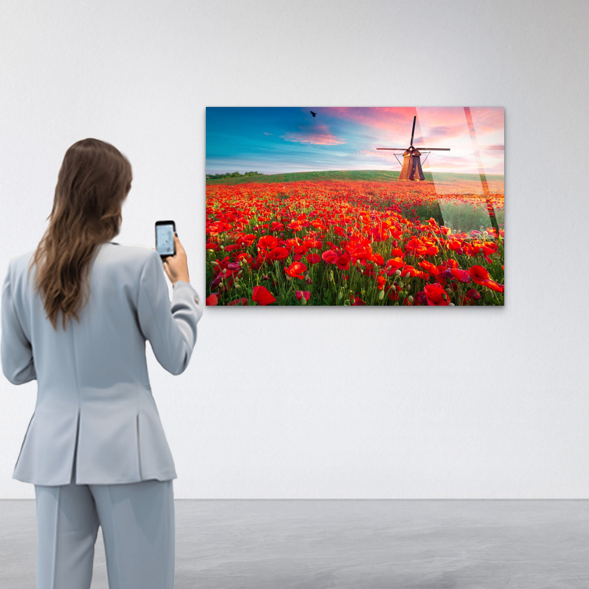 Netherlands Red Poppy Flower Windmill Acrylic Glass Printing Wall Art Australian Made Quality
