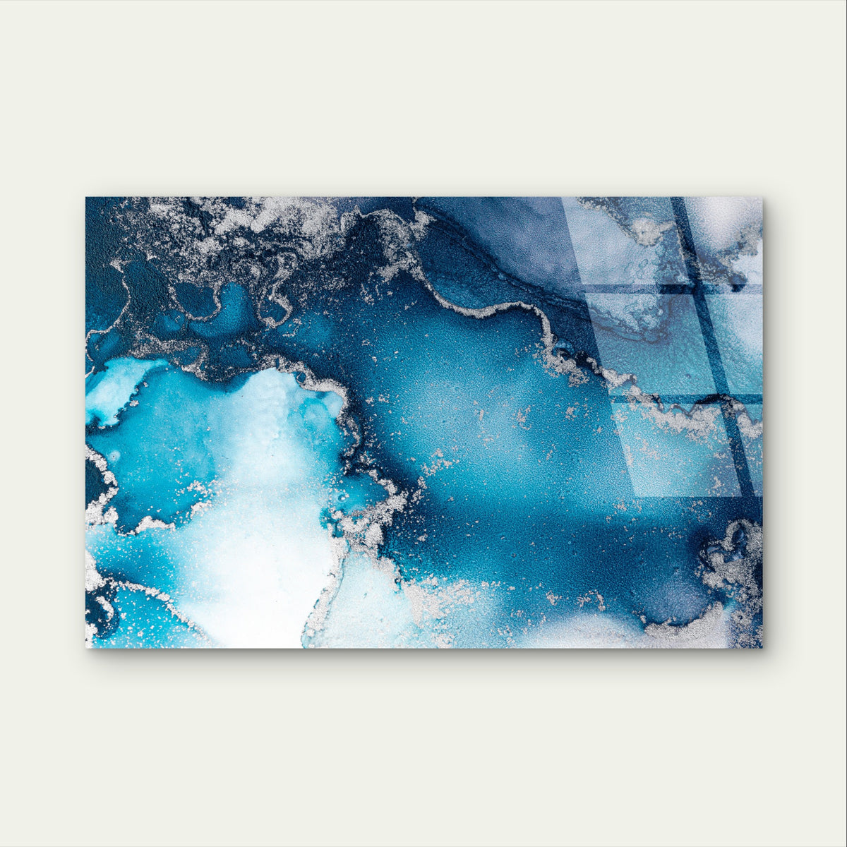 Abstract Teal Blue Silver Foil Fluid Acrylic Glass Printing Wall Art Australian Made Quality