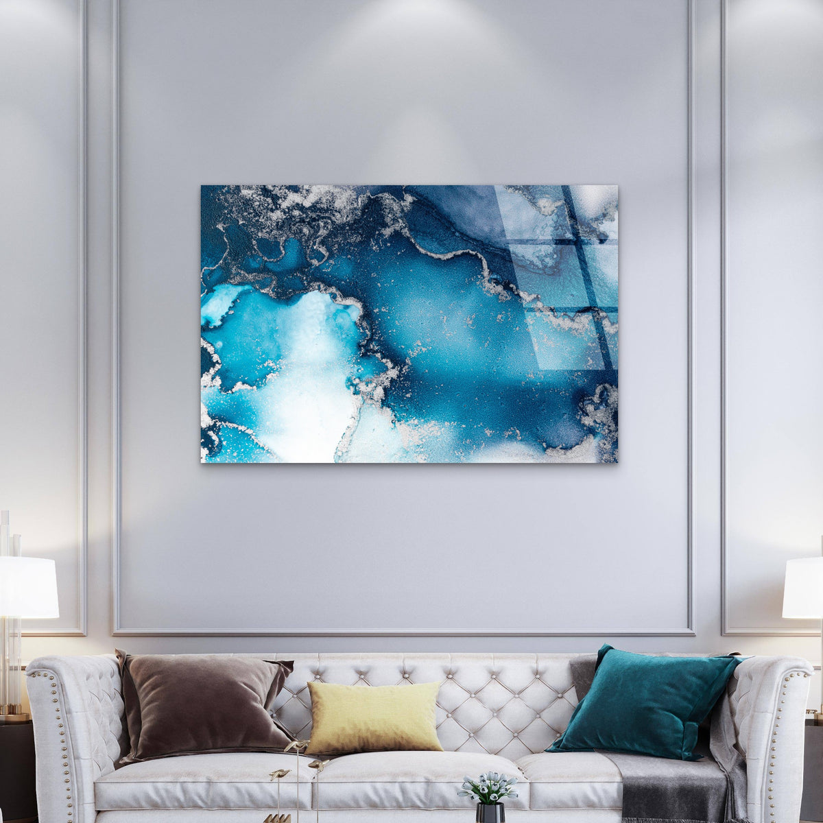 Abstract Teal Blue Silver Foil Fluid Acrylic Glass Printing Wall Art Australian Made Quality