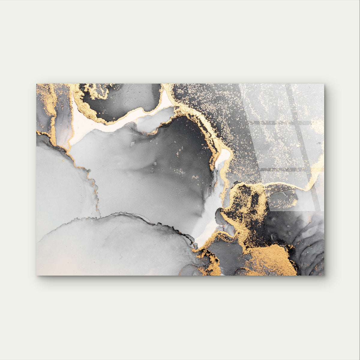 Abstract Black Grey Gold Foil Fluid Acrylic Glass Printing Wall Art Australian Made Quality