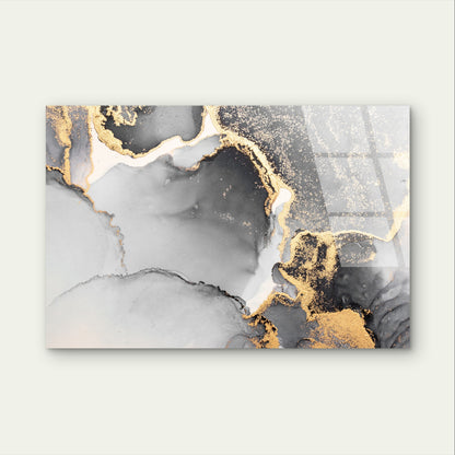 Abstract Black Grey Gold Foil Fluid Acrylic Glass Printing Wall Art Australian Made Quality