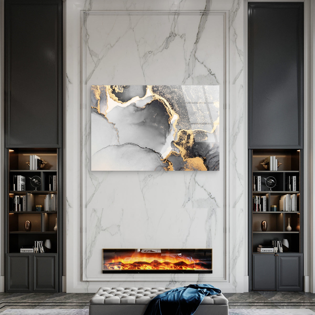 Abstract Black Grey Gold Foil Fluid Acrylic Glass Printing Wall Art Australian Made Quality