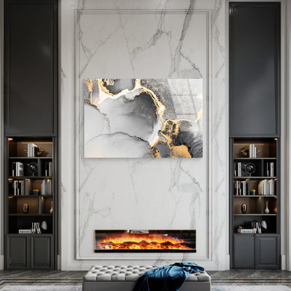 Abstract Black Grey Gold Foil Fluid Acrylic Glass Printing Wall Art Australian Made Quality